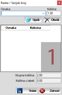 Upis rastera / serijskog broja Upis rastera / serijskog broja
