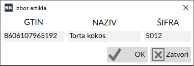 Izbor artikla u brzim tasterima Izbor artikla u brzim tasterima