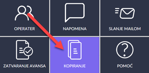 Dugme za pokretanje prozora u kome se prikazuju dokumenti za kopiranje, prikazano ljubičastom bojom