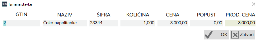 Izmena artikla koji je upisan u dokument Izmena artikla koji je upisan u dokument