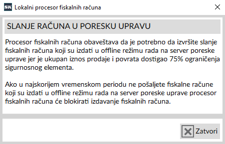 Izgled prozora u kome se prikazuje obaveštenje o ograničenju bezbednosnog elementa (pametne kartice)