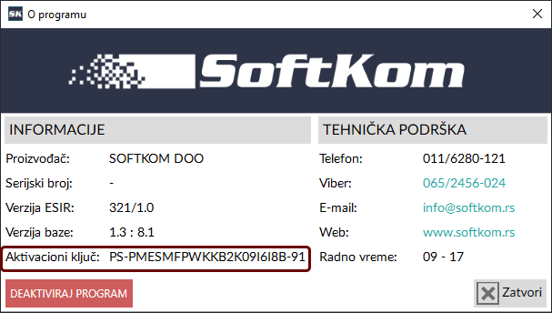 Prozor za prikazivanje informacija o programu
