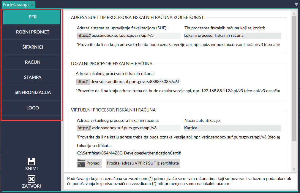 Kartica za podešavanje programa Sors Kasa Kartica za podešavanje programa Sors Kasa
