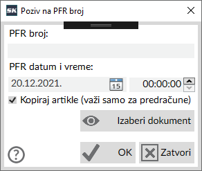 Prozor za poziv na PFR broj Prozor za poziv na PFR broj