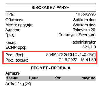 Referentni broj u fiskalnom računu Referentni broj u fiskalnom računu