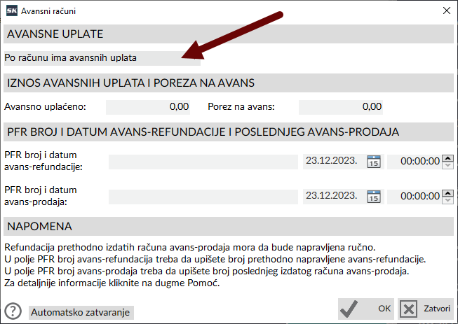 Prozor za ručno izdavanje konačnih računa