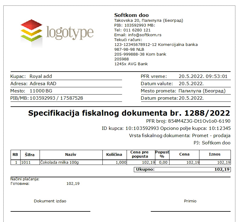 Specifikacija fiskalnog dokumenta