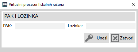 Izgled prozora za unos PAK i lozinke