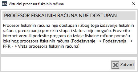 Obaveštenje da VPFR nije dostupan Obaveštenje da VPFR nije dostupan