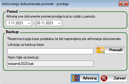 Prozor za pokretanje postupka arhiviranja Prozor za pokretanje postupka arhiviranja