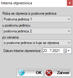 Prozor za izradu internih otpremnica na osnovu izlaznih dokumenata