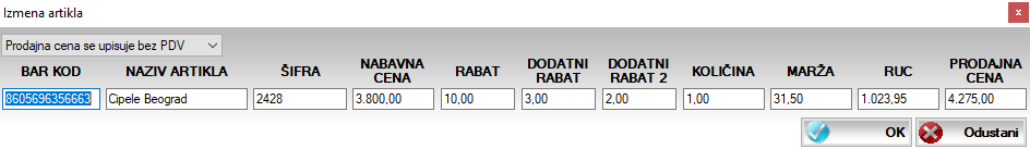 Izmena stavke u kalkulaciji Izmena stavke u kalkulaciji