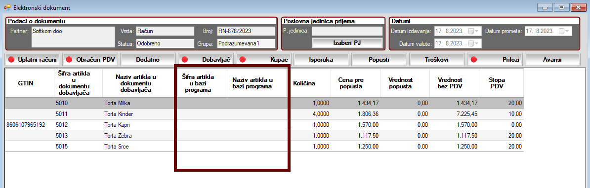 Neuspešno povezivanje artikala iz e fakture i šifarnika artikala