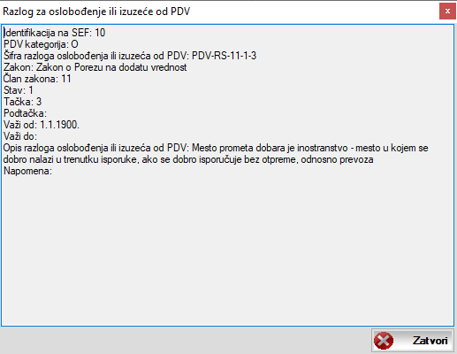 Informacije o šifri razloga za oslobođenje od PDV