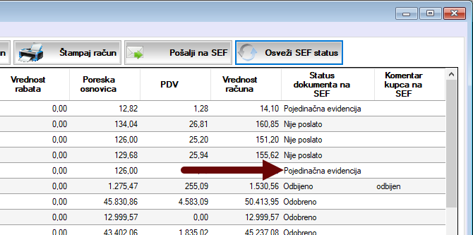 Kolona Satus dokumenta na SEF u prozorima za pregled dokumenata Kolona Satus dokumenta na SEF u prozorima za pregled dokumenata