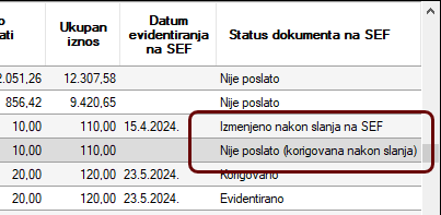 Statusi Pojedinačne evidencije PDV koja je izmenjena posle slanja na SEF Statusi Pojedinačne evidencije PDV koja je izmenjena posle slanja na SEF