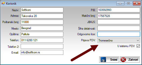 Prozor za upis informacija o korisniku programa Prozor za upis informacija o korisniku programa