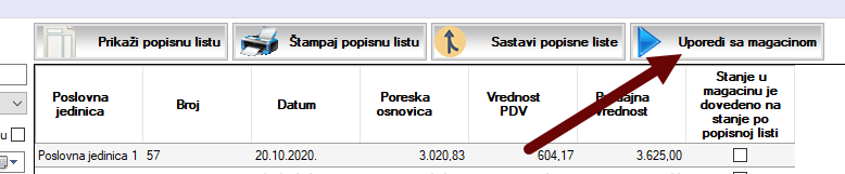 Dugme za pokretanje prozora za upoređivanje popisne liste i izveštaja o stanju zaliha
