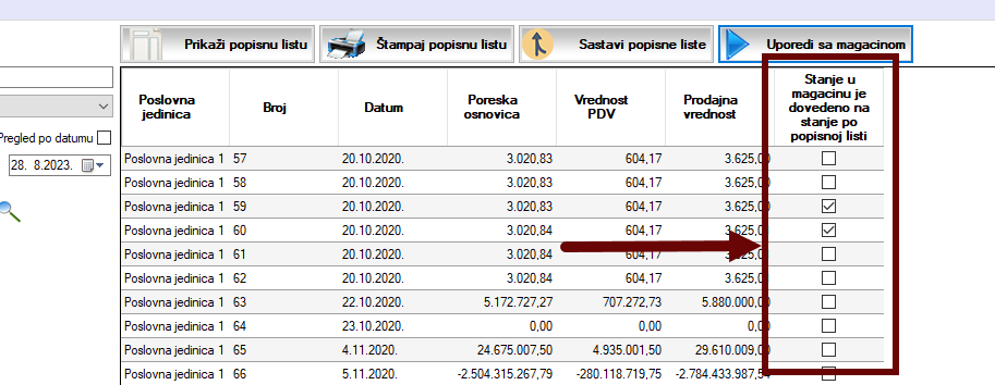 Kolona u kojoj se prikazuje informacija da li su izveštaji o stanju zaliha ispravljeni prema stanju u popisnoj listi Kolona u kojoj se prikazuje informacija da li su izveštaji o stanju zaliha ispravljeni prema stanju u popisnoj listi