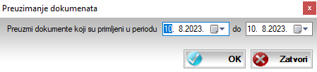 Prozor za upis perioda u kome su izdate e fakture koje treba da se preuzmu sa SEF
