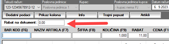 Polje za upis popusta na nivou računa Polje za upis popusta na nivou računa