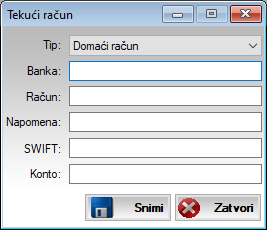 Prozor za unos tekućih računa Prozor za unos tekućih računa