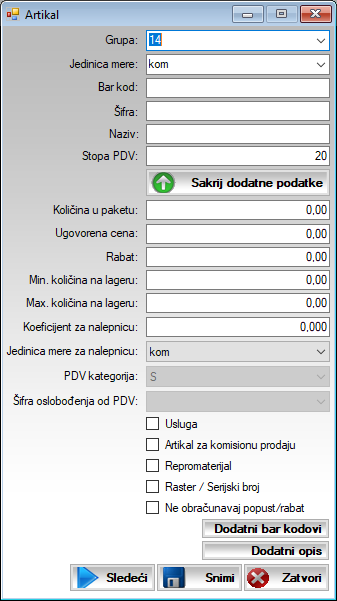 Prozor za unos artikala Prozor za unos artikala
