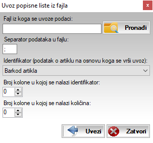 Prozor za uvoz popisanih artikla iz tekstualnog fajla Prozor za uvoz popisanih artikla iz tekstualnog fajla